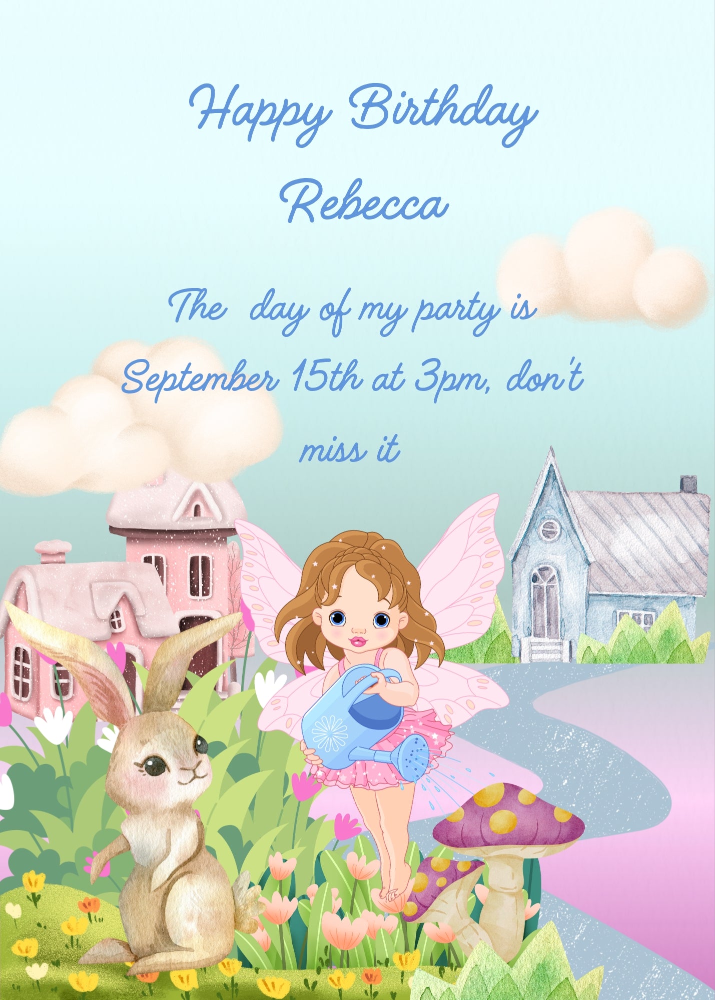 A colorful village, a flying fairy watering the garden, and a bunny watching her. Printable birthday card for girls 9-14.