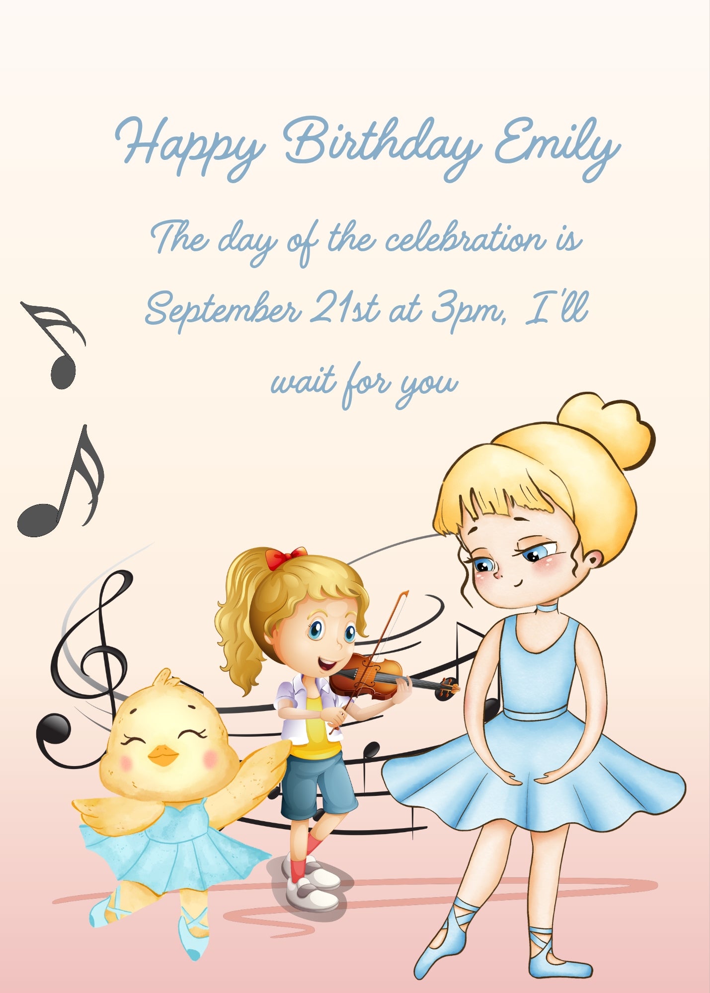 A little girls plays the violin, while a ballerina watches a canary dance. Printable birthday card for girls 5-12.