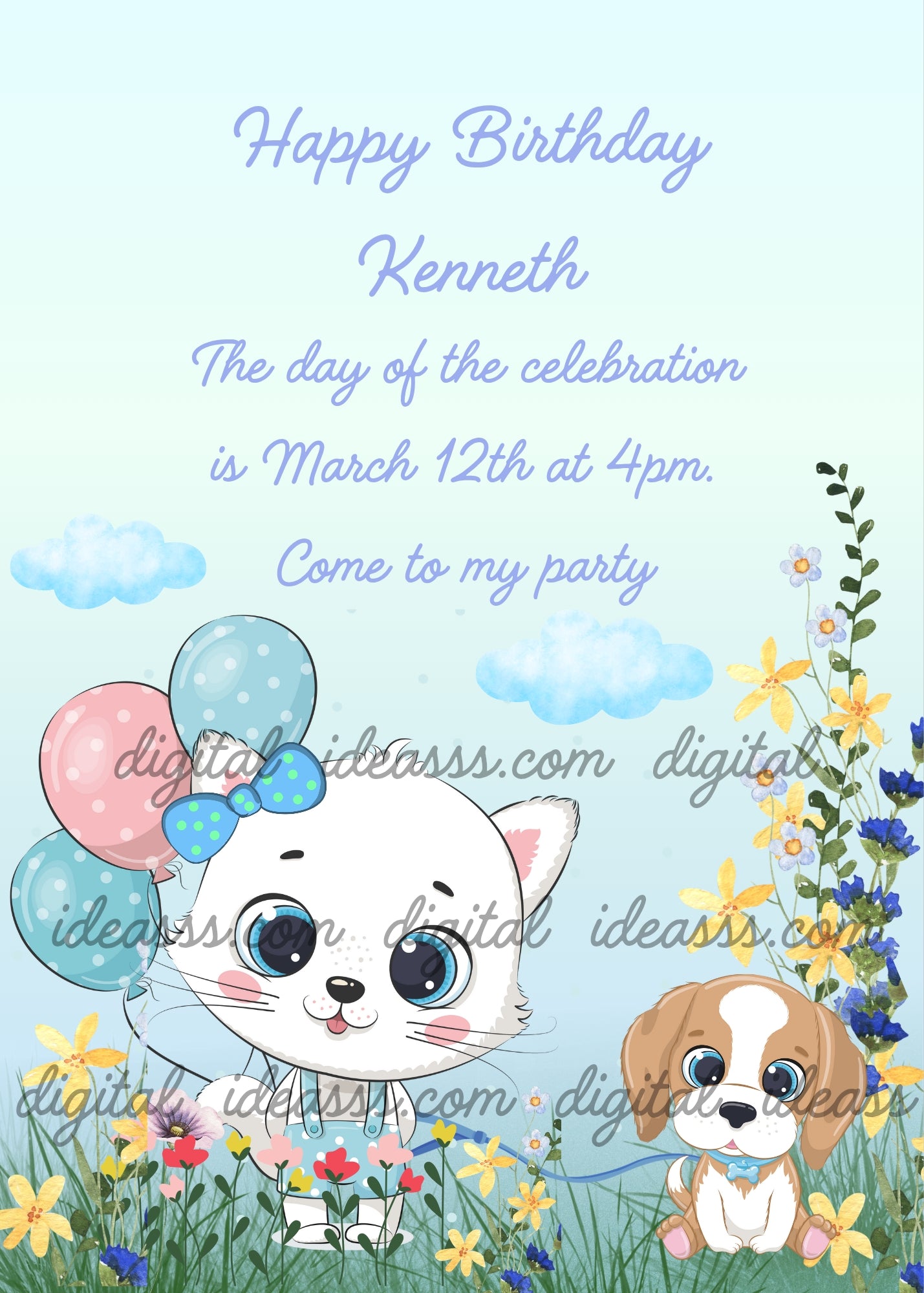 Tinkerbell the kitten, with her balloons carries her little dog to a meadow. Printable birthday card for kids 1-10.