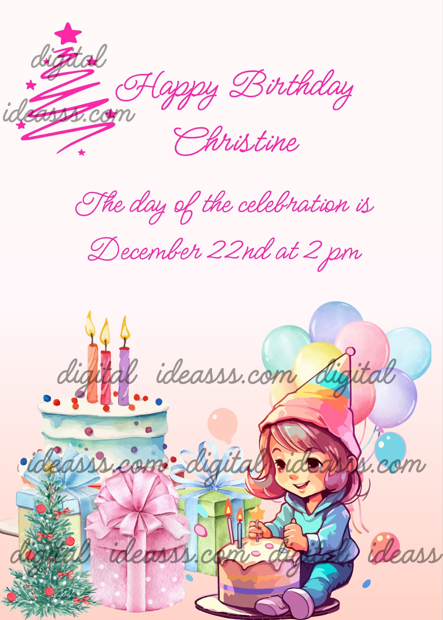 Little girl sitting on the floor, with cakes, gifts, balloons and Christmas tree. Printable birthday Christmas card for
girls 5-12.