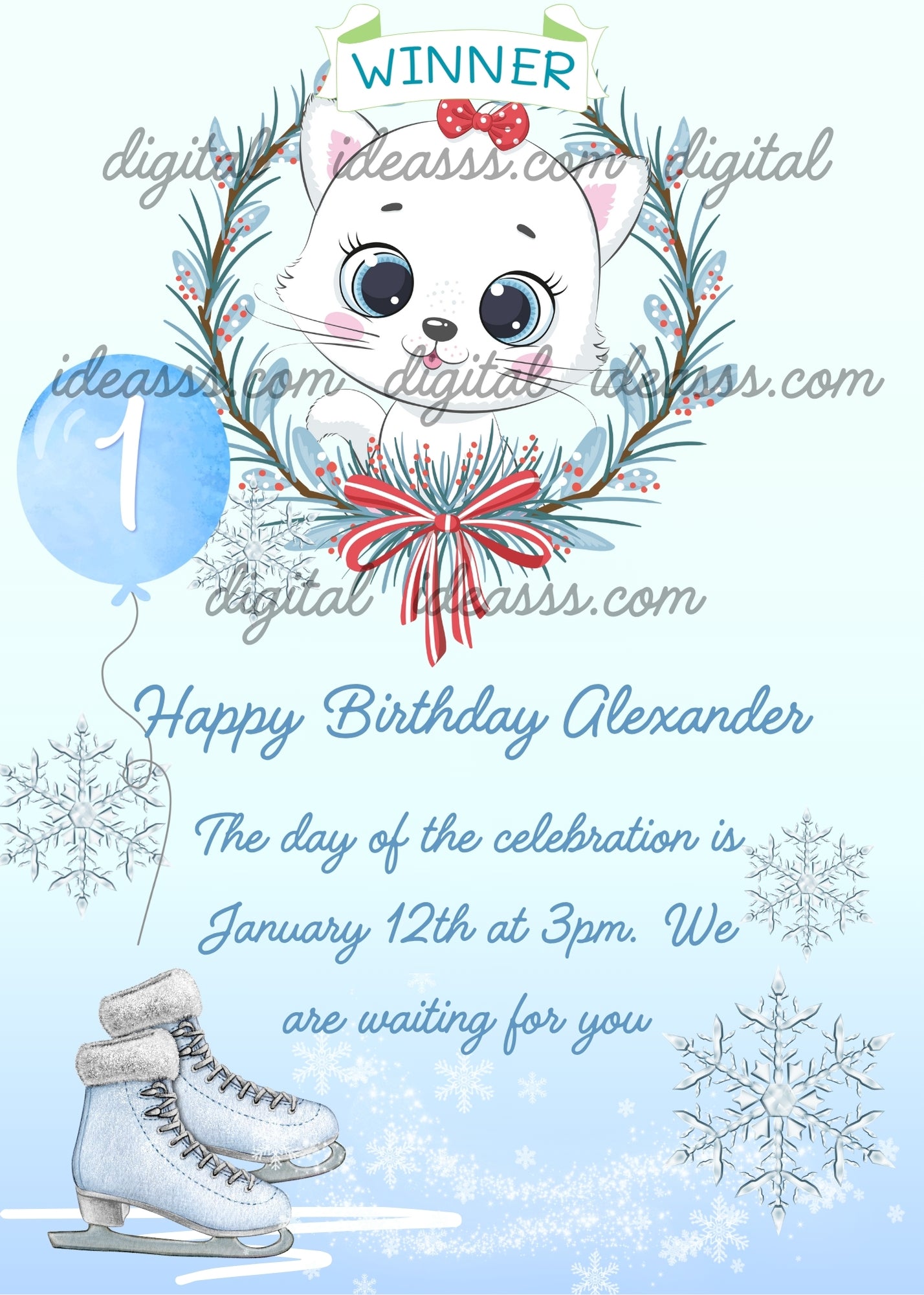 Tinkerbell, the kitten wins first prize in figure skating. Printable birthday card for kids 1-9.