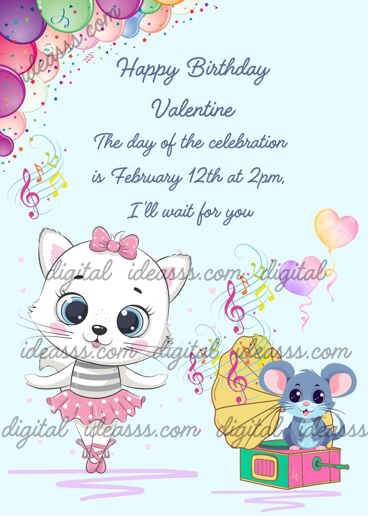 A little mouse plays an old gramophone, and Tinkerbell the cat dances. Printable birthday card for girls 1-9.