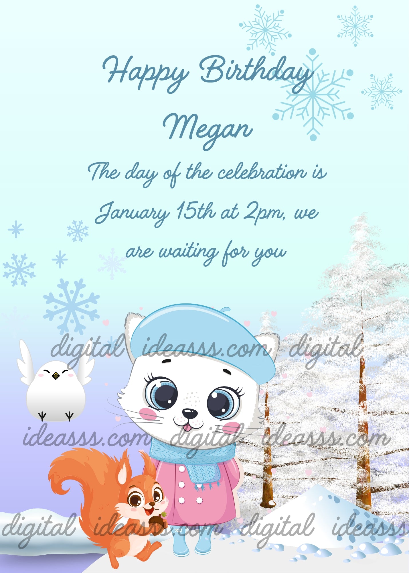 Tinkerbell the kitten, in winter clothes in a snowy forest, together with a squirrel and a bird. Printable birthday card for kids 1-9