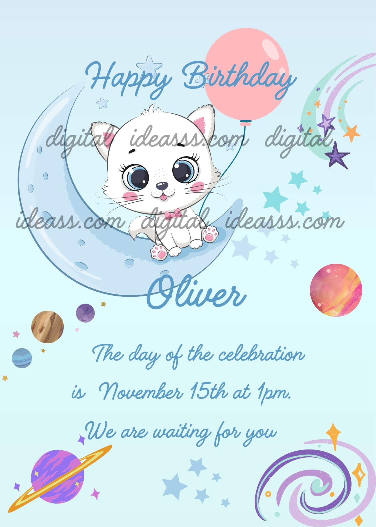 Tinkerbell kitten sitting on crescent moon with balloon. In the background planets and stars. Printable birthday card for kids 1-9.