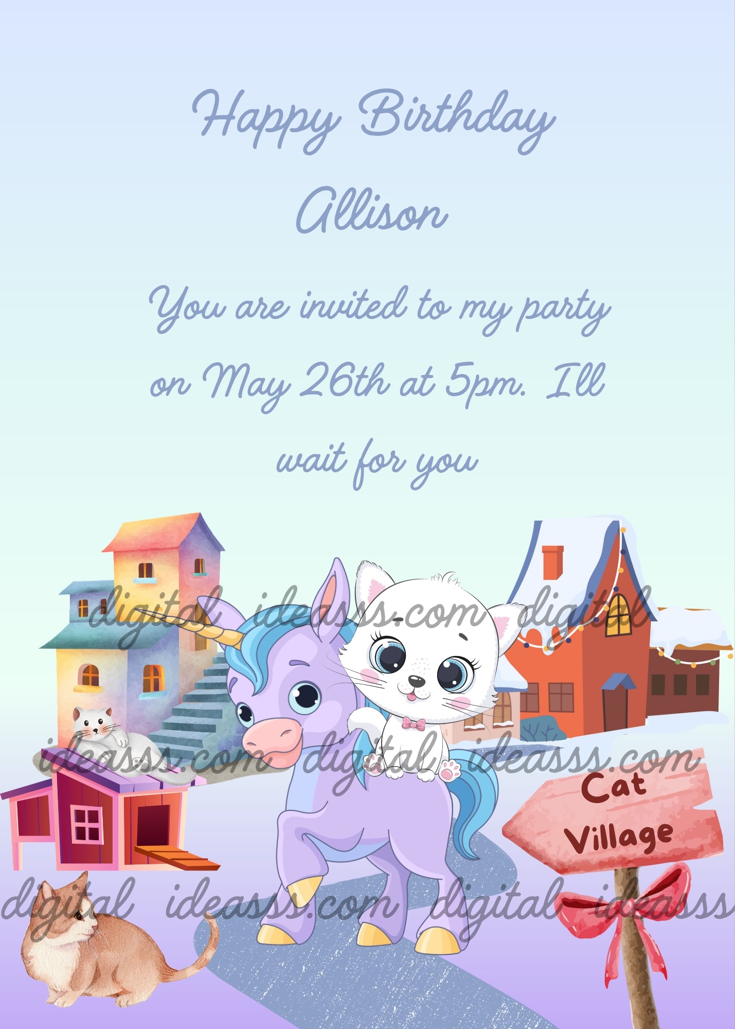 Tinkerbell the kitten, riding her unicorn, has arrived in her village of colorful houses. Other cats are waiting for her. Printable birthday card for children 1-10.
