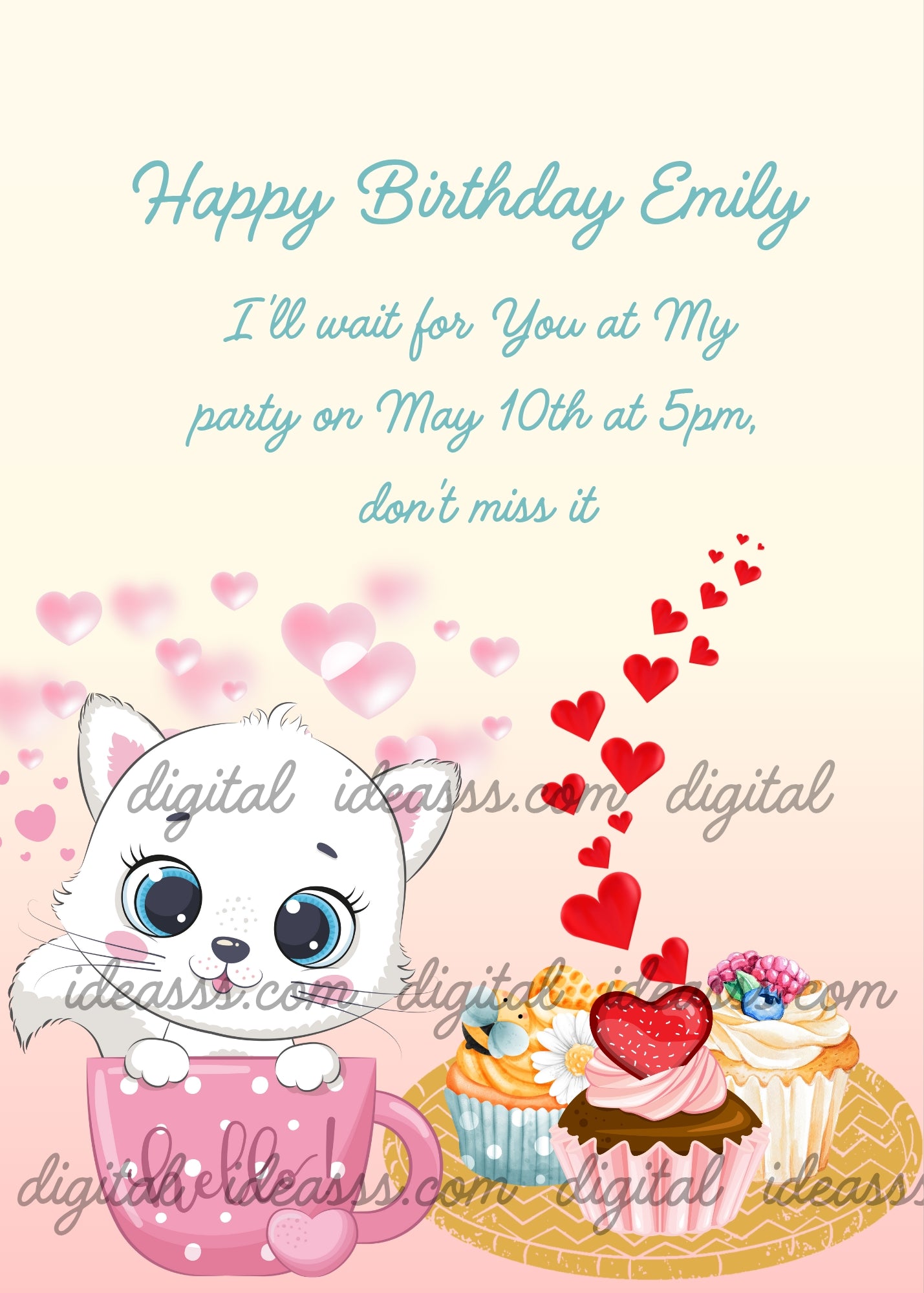 Tinkerbell the kitten, is inside a cup, next to the cupcakes she made. Printable birthday card for kids 1-8.