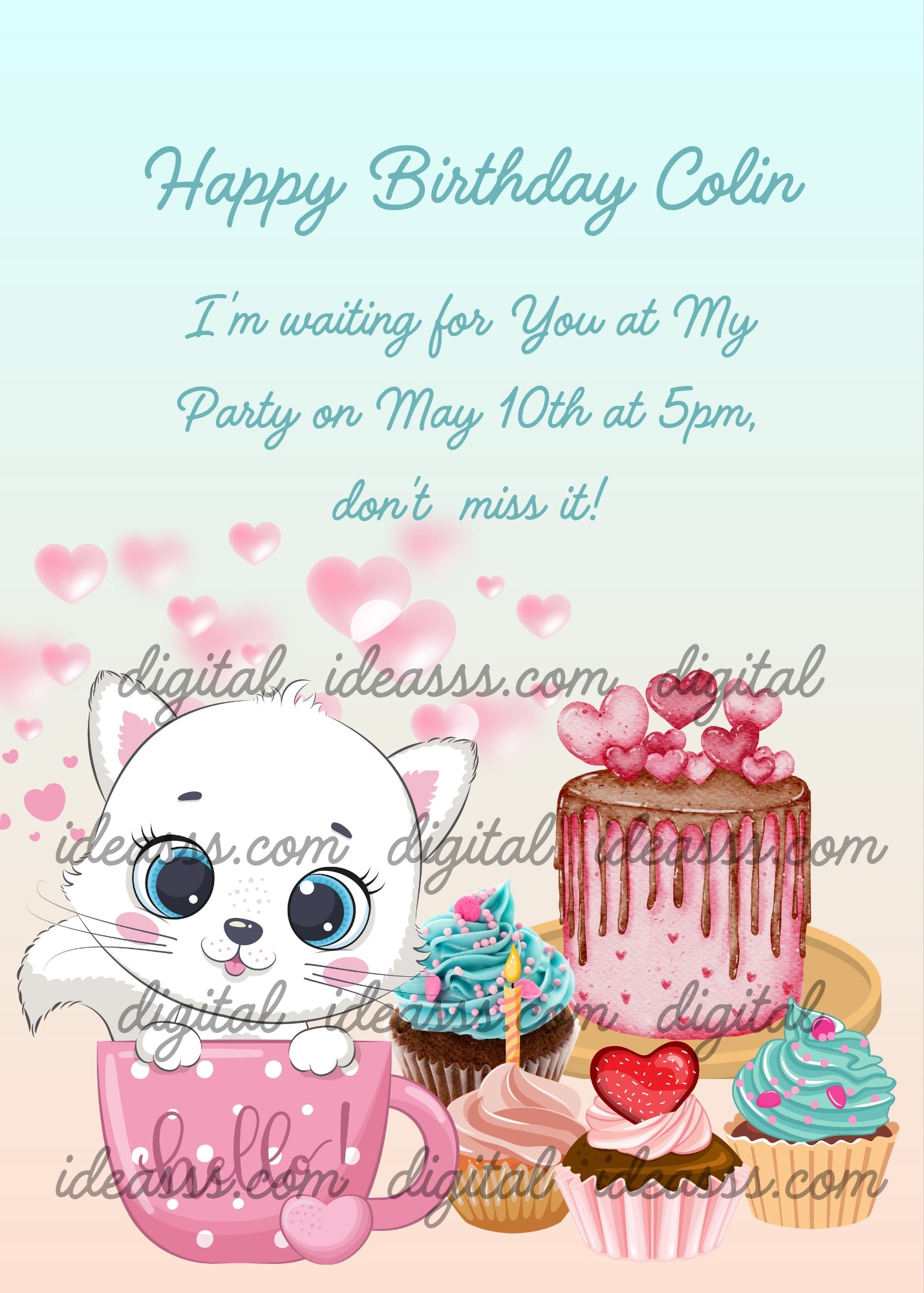 Trilly the kitten, shows herself from inside a cup presenting cupcakes and cakes preparated by her. Printable birthday card for kids 1-9.