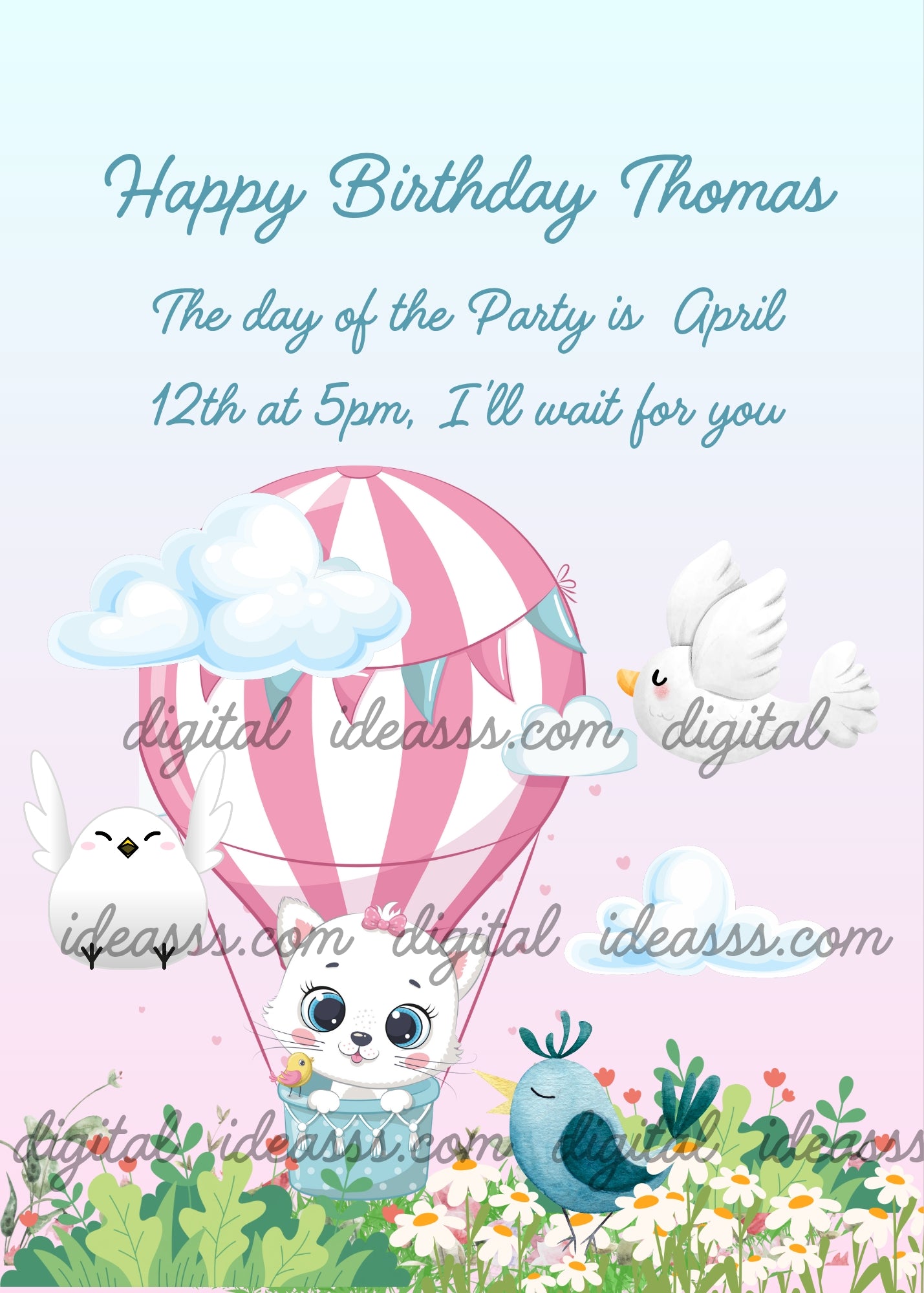 Tinkerbell, the kitten travels with her hot air balloon, the birds fly near her. Printable birthday card for kids 1-10.