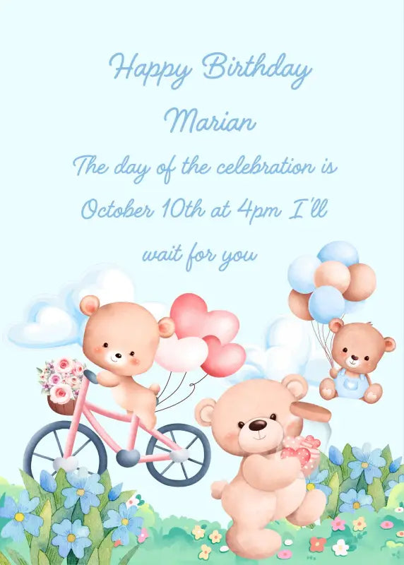 Cute teddy bears enjoying to countryside: one is on a bike, another is walking and one is flying with balloons. Printable birthday card for kids 1-7.