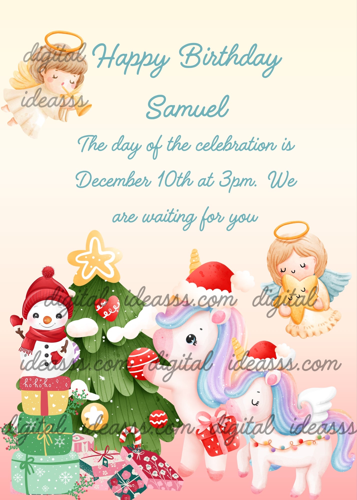 Two unicorns with red hats, are preparing gifts and Christmas tree. Two little angels in the backgound. Printable birthday Christmas card for kids 1-9.