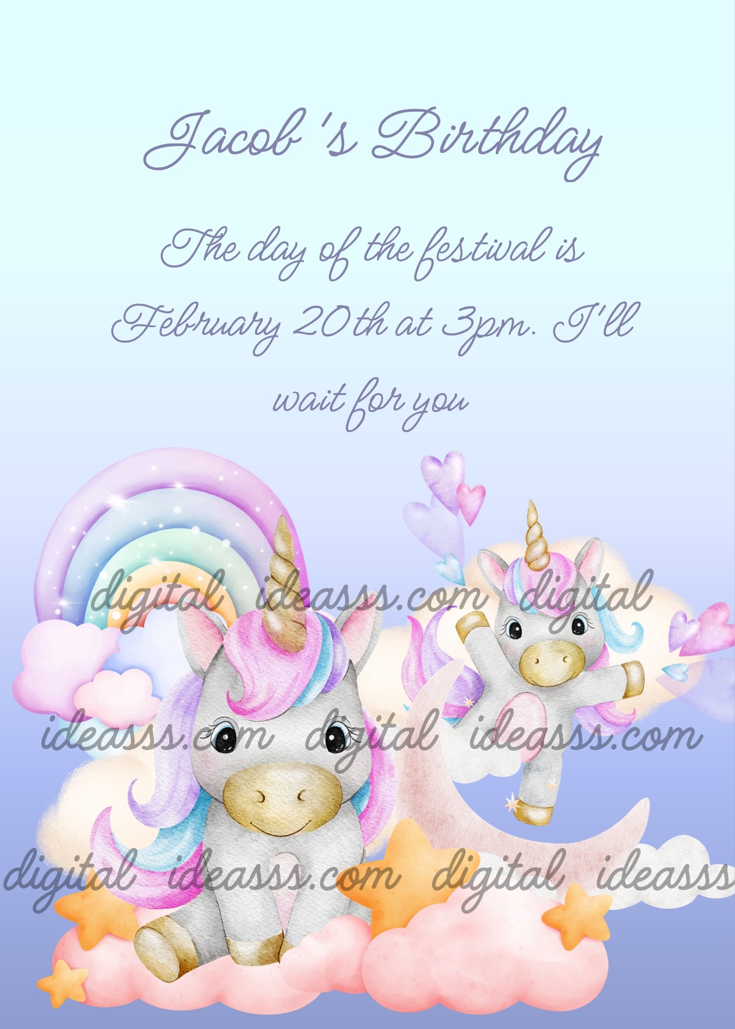Two unicorns among rainbow clouds moon and stars. Dedicated to the little ones. Printable birthday card for kids 1-7.