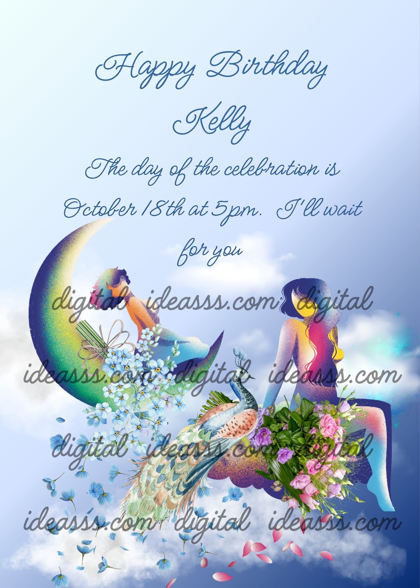 Two girls; one is sitting on the moon with a bunch of blue flowers. The other on a cloud with a bunch of pink flowers: next to her a peacock. Printable birthday card for girls 10-14.