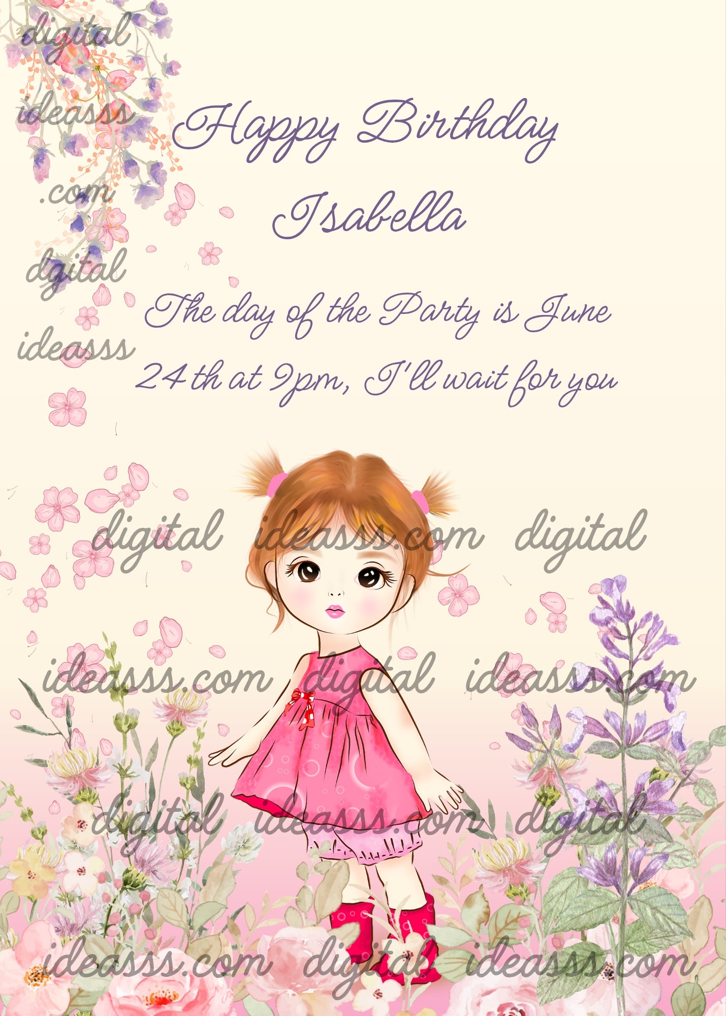 Cute little girl in pink dress surrounded by wildflowers. Printable birthday card for girls 1-12.