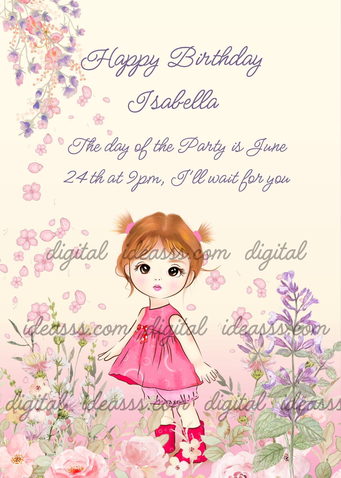 Cute little girl in pink dress surrounded by wildflowers. Printable birthday card for girls 1-12.