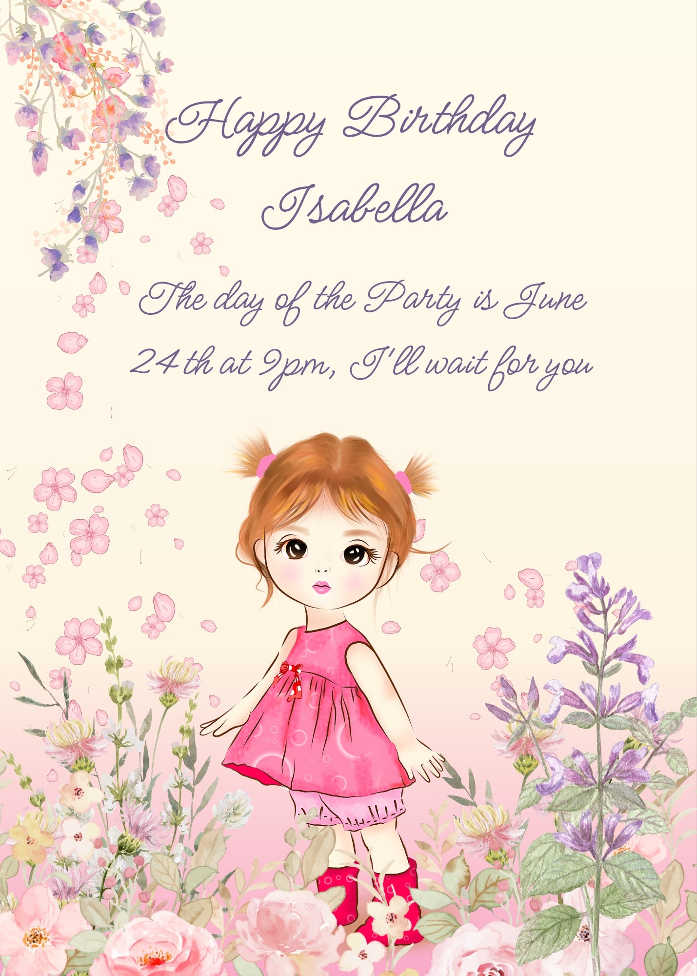 Cute little girl in pink dress surrounded by wildflowers. Printable birthday card for girls 1-12.