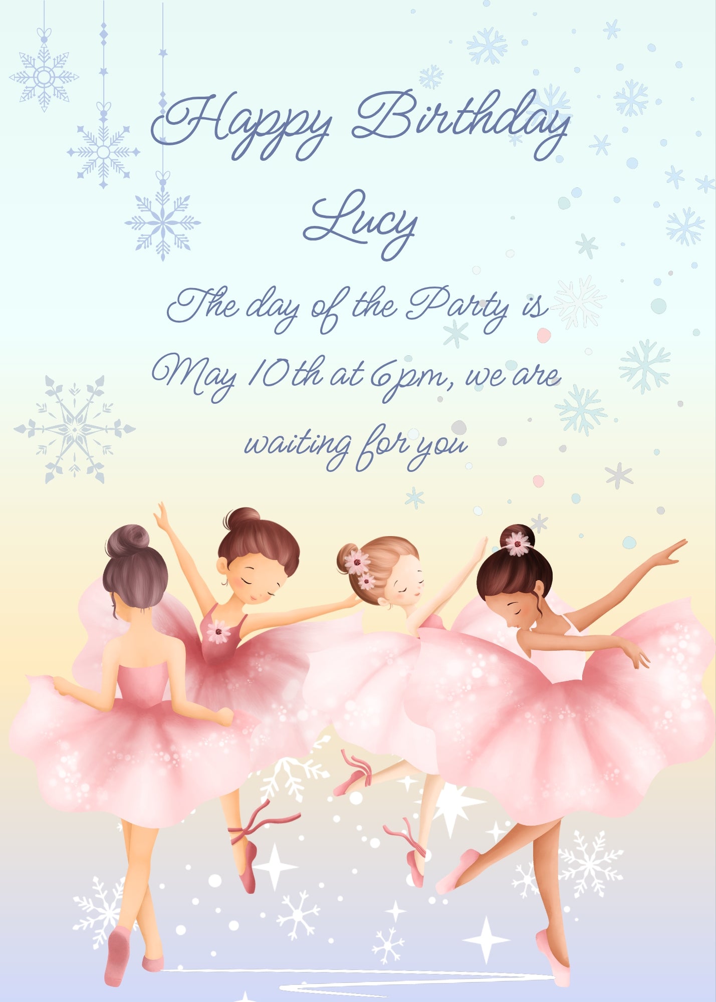 The Nutcraker "The snow walz". Pink ballerinas dance, with snowflakes in the background. Printable birthday card for girls 8-14.