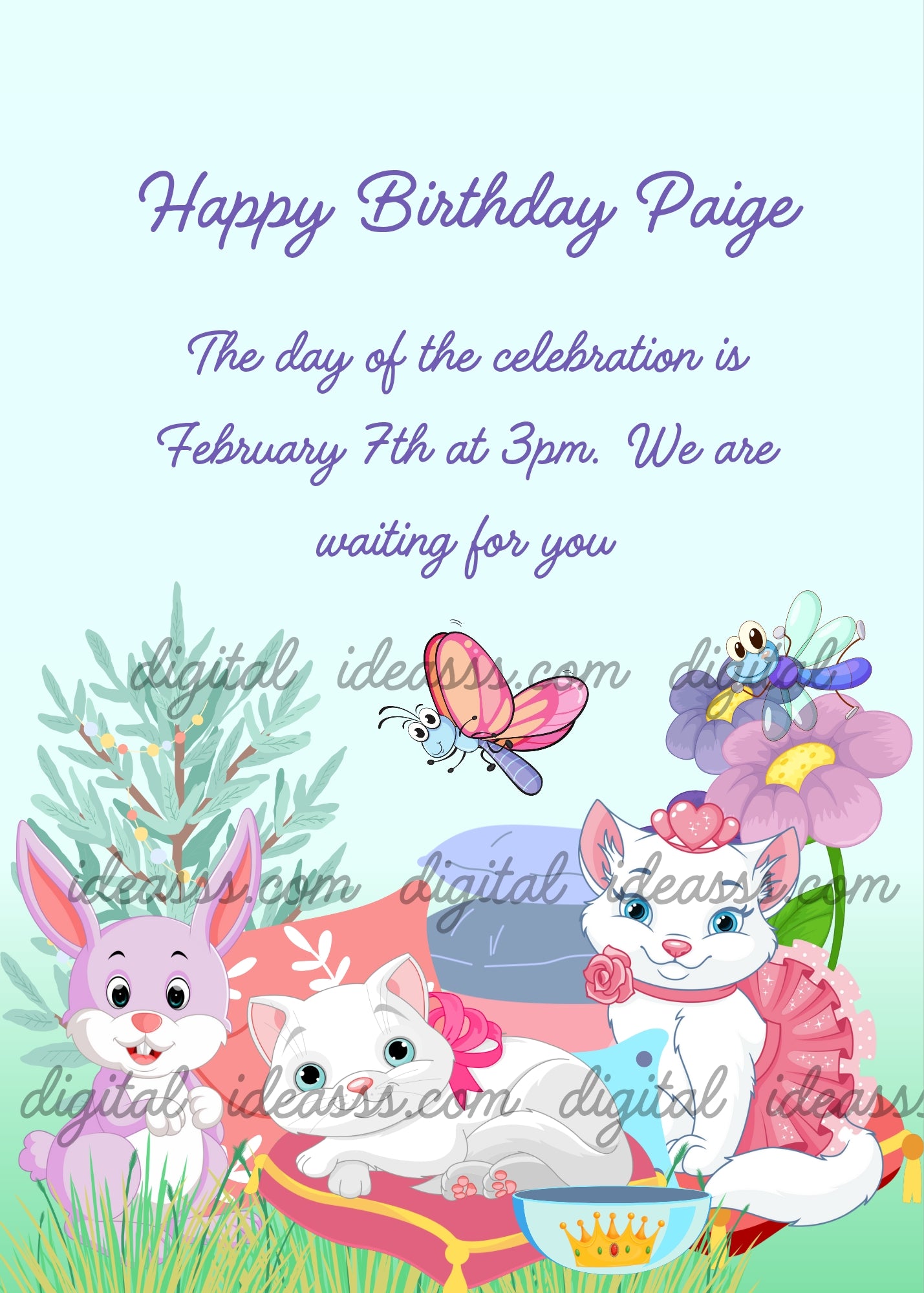 Two kittens in the garden on cushions. The kitten has cute accessories. A bunny shows off its surprise. Printable birthday card for kids 5-12.