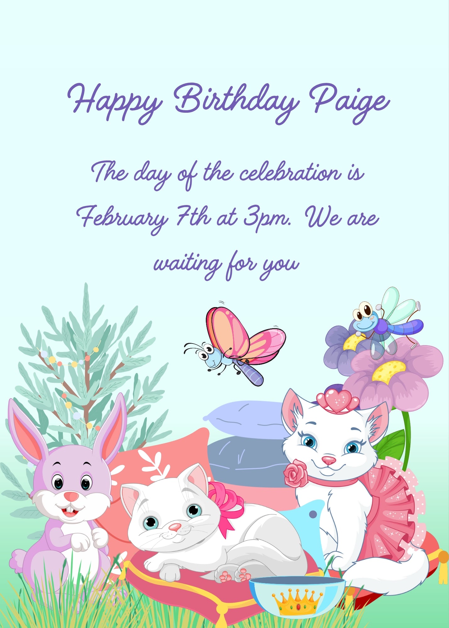 Two kittens in the garden, sitting on cushions; a kitten shows off various accessories. A bunny looks on in amazement. Printable birthday card for kids 5-12.