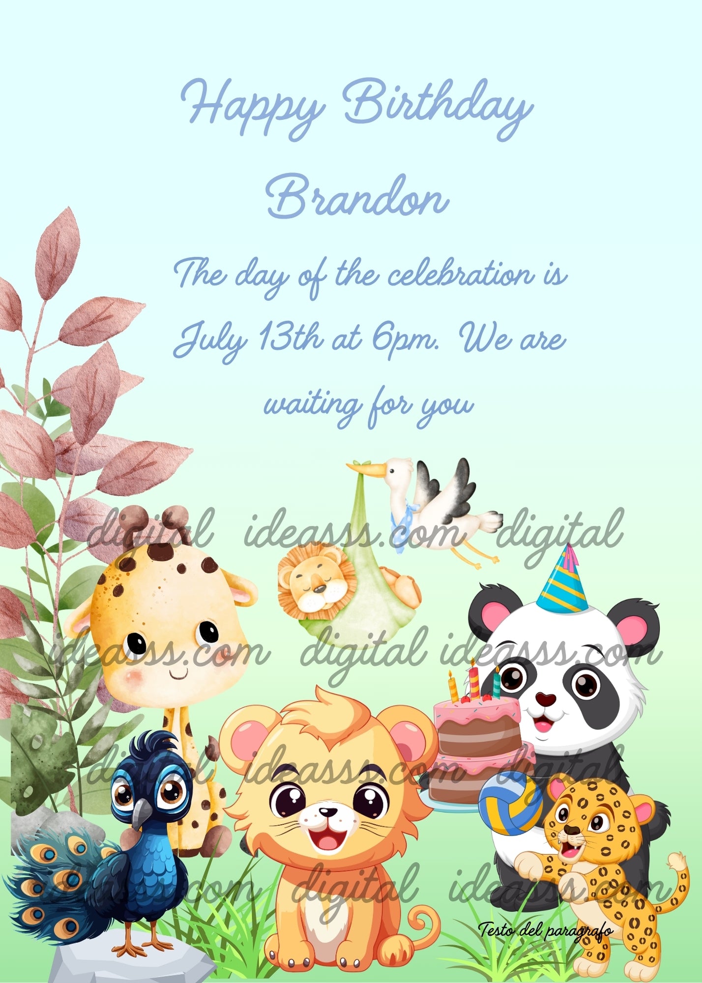 A panda with a cake, to celebrate with other jungle animals, the little lion that a stork is carrying among them. Printable birthday card for kids 1-8.