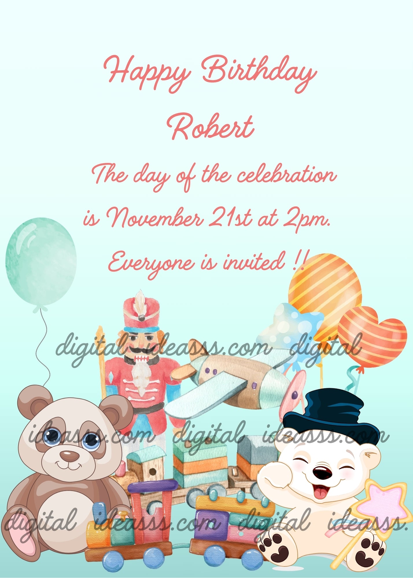 A smiling white teddy bear with a top hat in foreground, balloons airplane and other toys for background. Printable birthday card for kids 1-8.