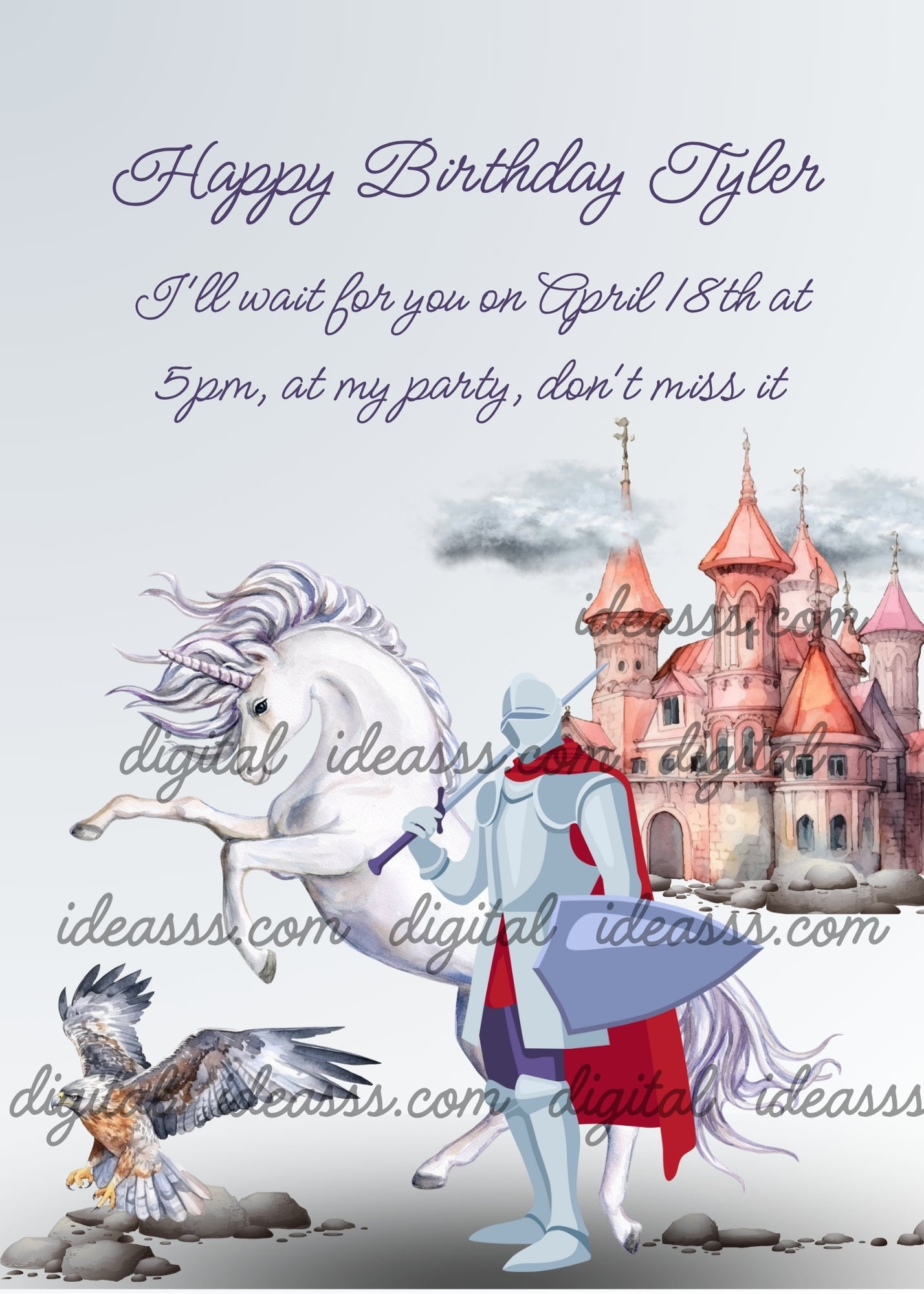 Knight in armor with his white unicorn, and falcon. In the background castle and clouds. Printable birthday card for boys
8-14.