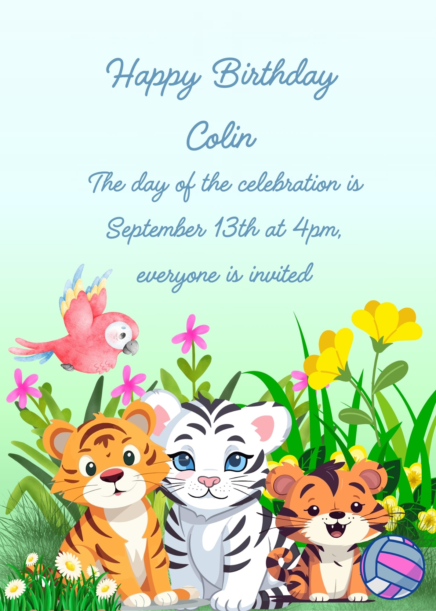 Three tiger cubs. One is surprised to see his little brother with white fur and blue eyes. Printable birthday card for kids 1-9.