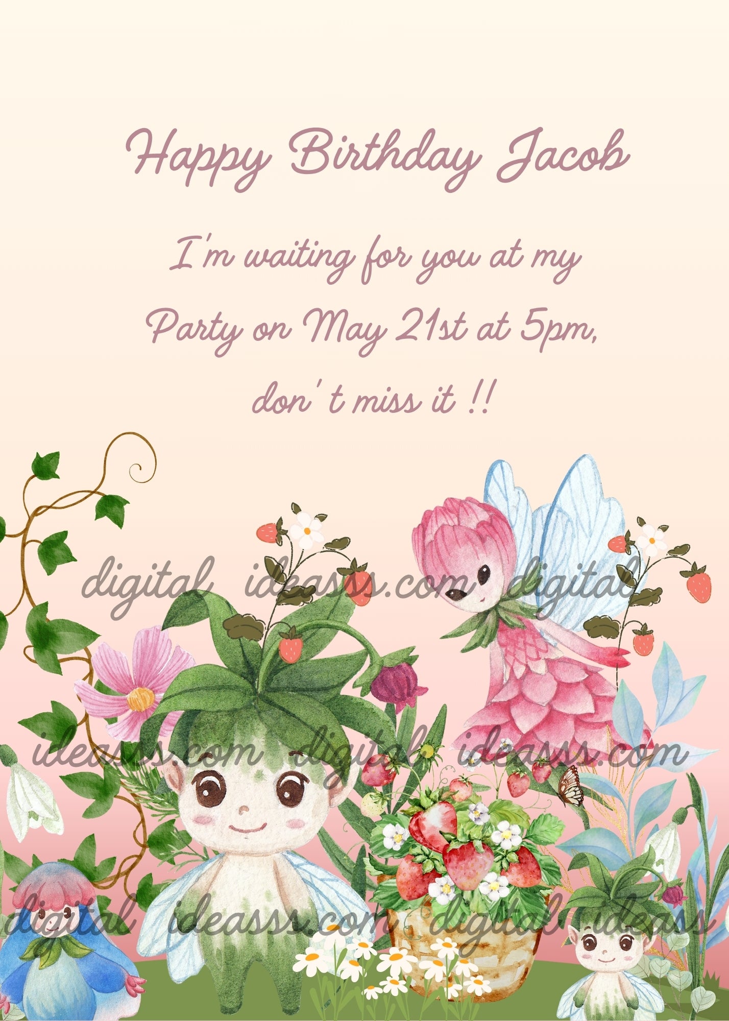 A meadow with strawberry plants with eyes, nose and mouth. A basket with stawberries, and a pink elf in flight. Printable birthday card for kids 7-12.