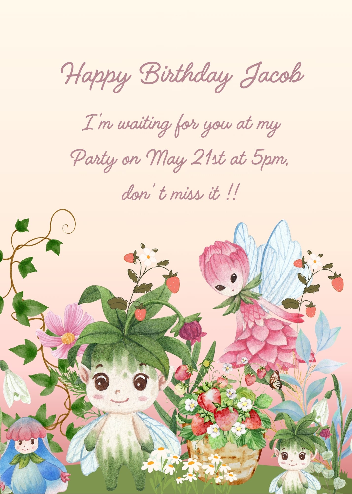 A meadow with strawberry plants with eyes, nose and mouth. A basket with stawberries, and a pink elf in flight. Printable birthday card for kids 7-12.
