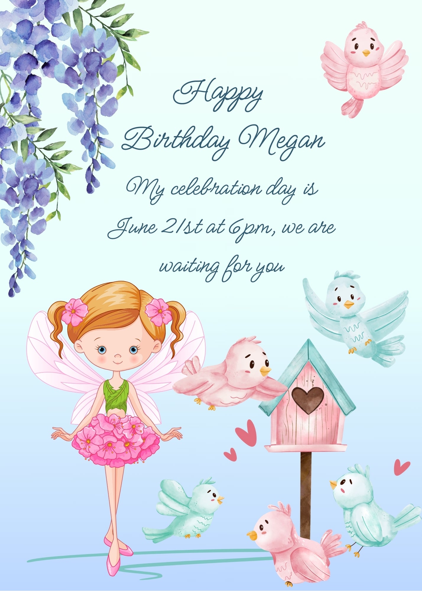 Pretty pink fairy, little house with colorful birds, Wisteria flowers on one side. Printable birthday card for girls 8-14.