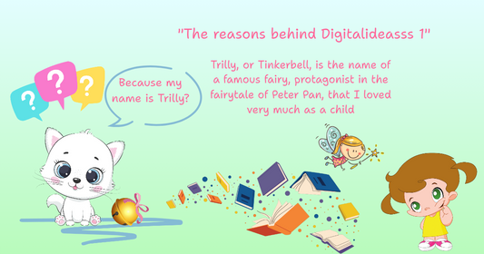 Trilly, white cat with speech bubble, golden bell, Tinkerbell fairy and little girl  watching
