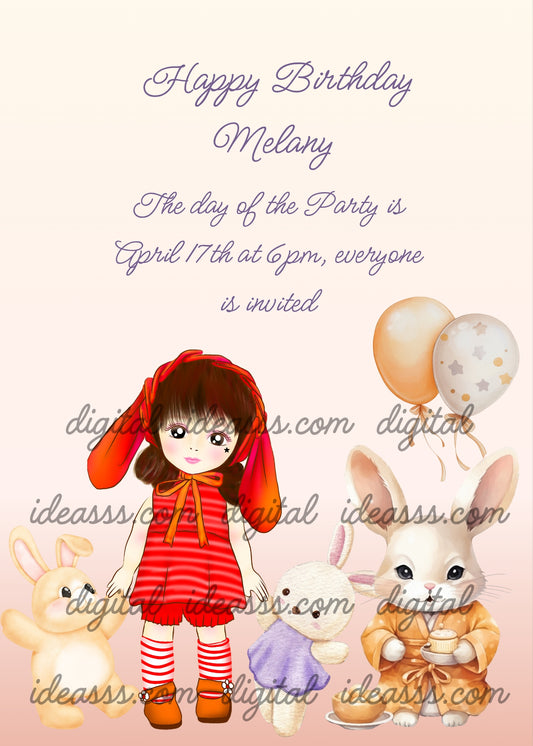 This little girl's toys are all bunnies, she also has a hood with rabbit ears; one is special because she wears a kimono. Printabe birthday card for girls 5-12. 