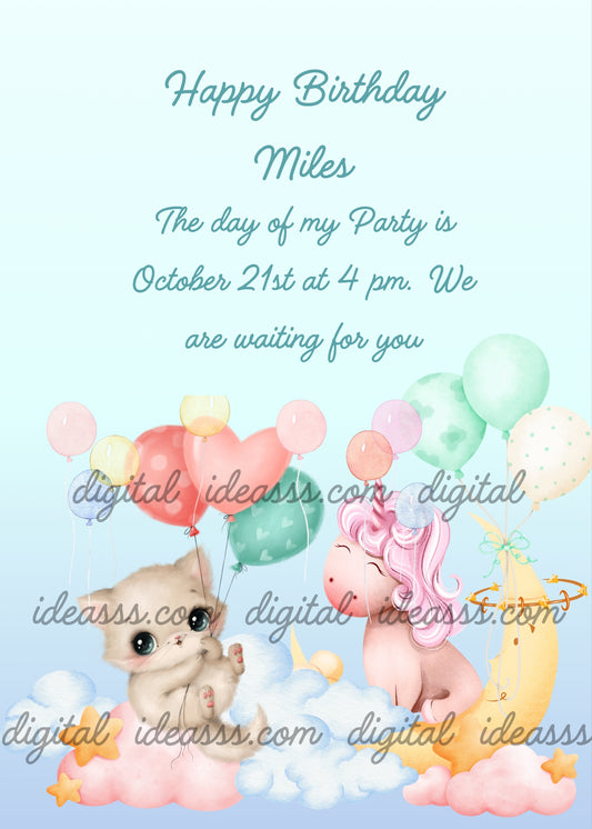 Kitten flies with balloons to reach unicorn friend on the moon. Printable birthday card for kids 1-9. 