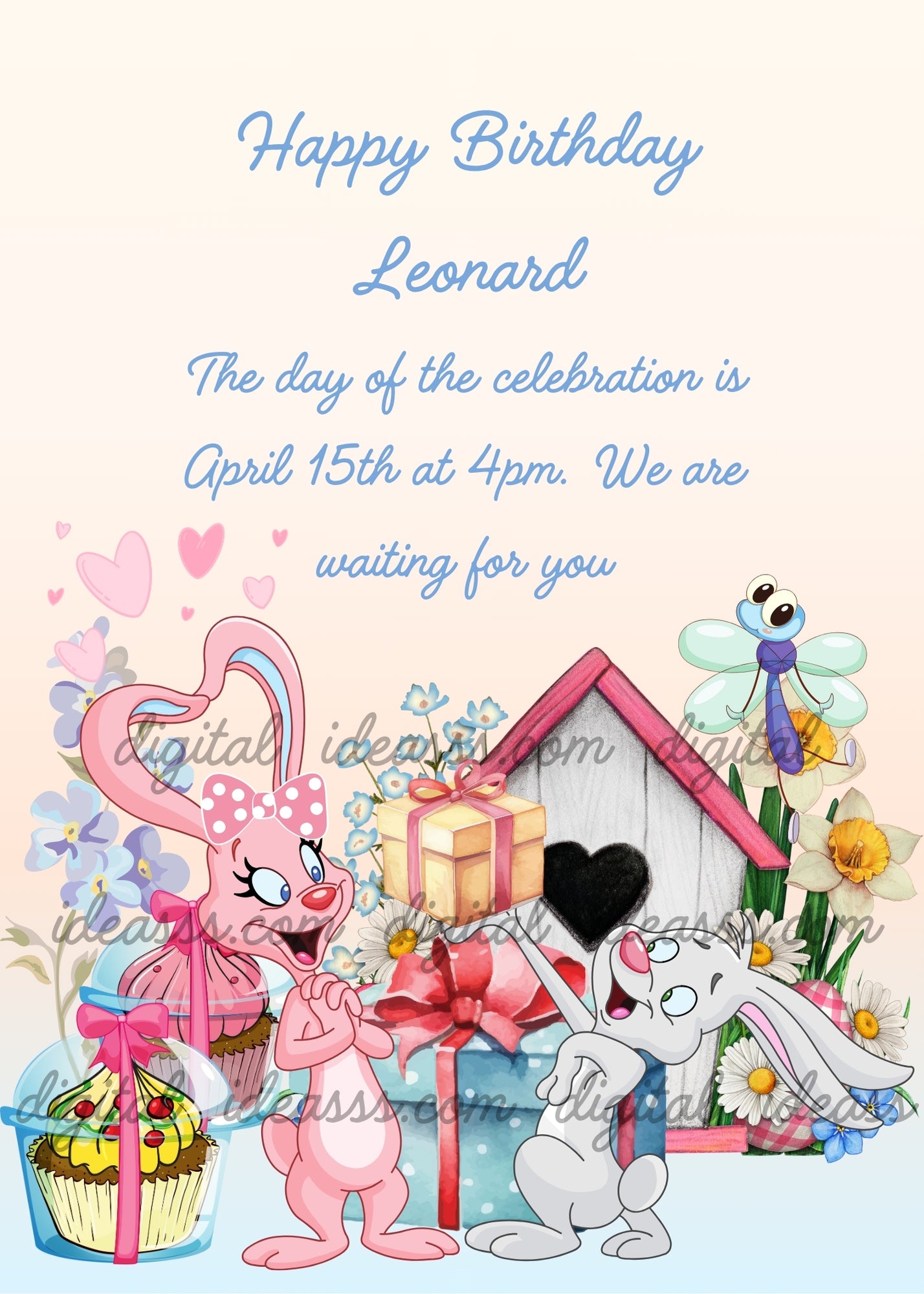 A male bunny gives a female bunny a gift. She grows heart-shaped ears out of joy. Printable birthday card for kids 1-10.