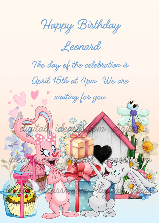 A male bunny gives a female bunny a gift. She grows heart-shaped ears out of joy. Printable birthday card for kids 1-10.