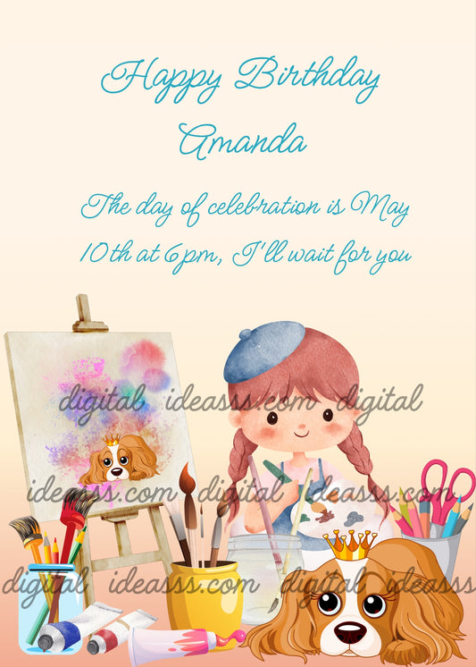 Little girl with colors and brushes draws a portait of her dog. Printable birthday card for girls 5-12.