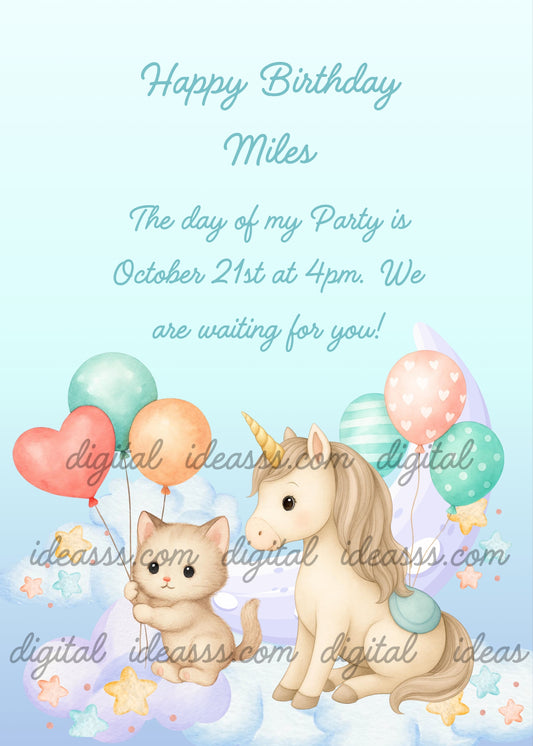 Kitten and unicorn play flying with balloons. They arrive close to the moon. Printable birthday card for children 1-9.