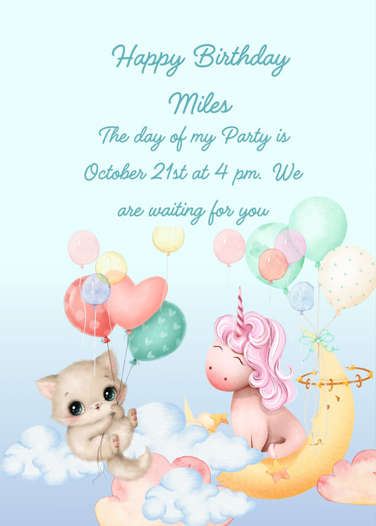  Kitten flies with balloons to reach unicorn friend on the moon. Printable birthday card for kids 1-9.