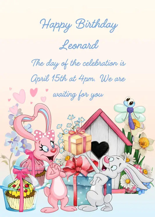Funny bunnies with house and sweets. A bunny gives a gift!! The very happy bunny puts her ears in the shape of a heart. Printable birthday card for kids 1-10.