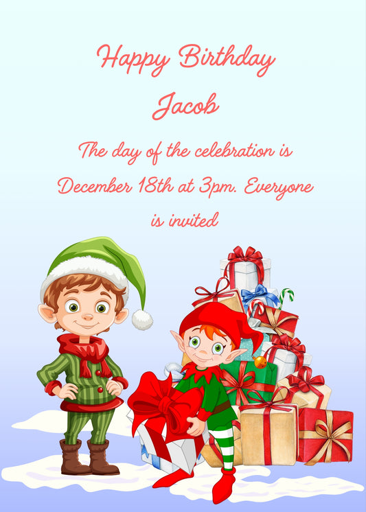 A mountain of presents on the snow, an elf gives a present to his friend. Printable birthday card for kids 6-12.