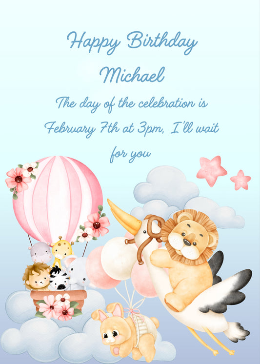 A lion flies on the back of  stork, a bunny with balloons, other animals with a hot hair  balloon. Printable birthday card for 
kids 1-9.