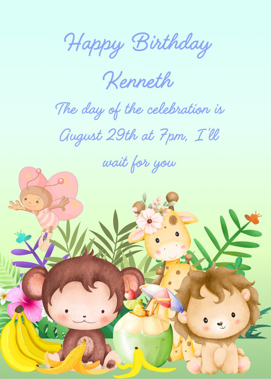 A little monkey is having a snack with bananas and exotic fruits together with other animals. Printable birthday card for kids 1-6.