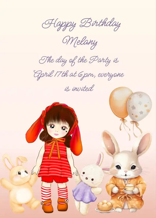 This little girl's toys are all bunnies, she also has a hood with rabbit ears; one is special because she wears a kimono. Printabe birthday card for girls 5-12.