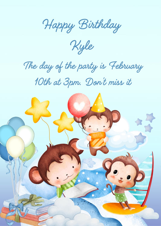 A little monkey has his bed in the clouds. He reads books that make him dream. Printable birthday card for kids 1-7.