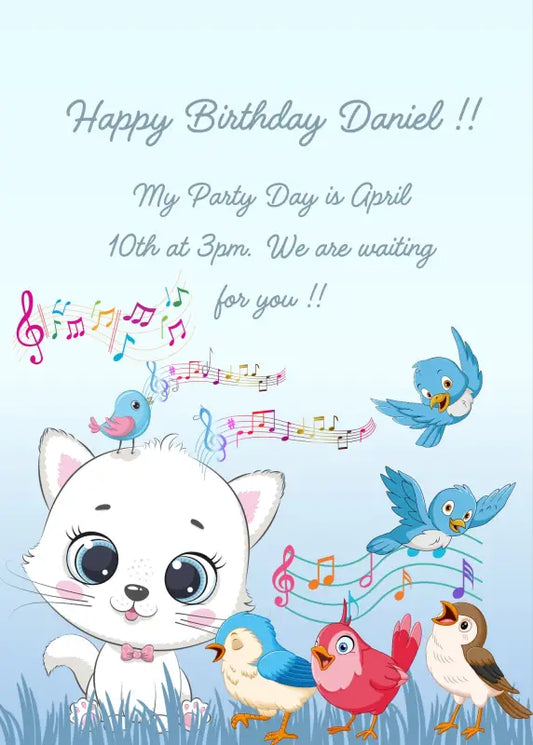 The little cat Trilly is sitting in a meadow, with  many little birds singing for her. Printable birthday card for kids 1-12.