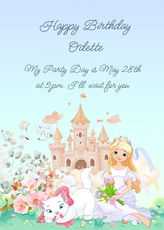 A princess in the garden, of her castle, she is with her kitten who plays with her bow. Printable birthday card for girls 5-12.