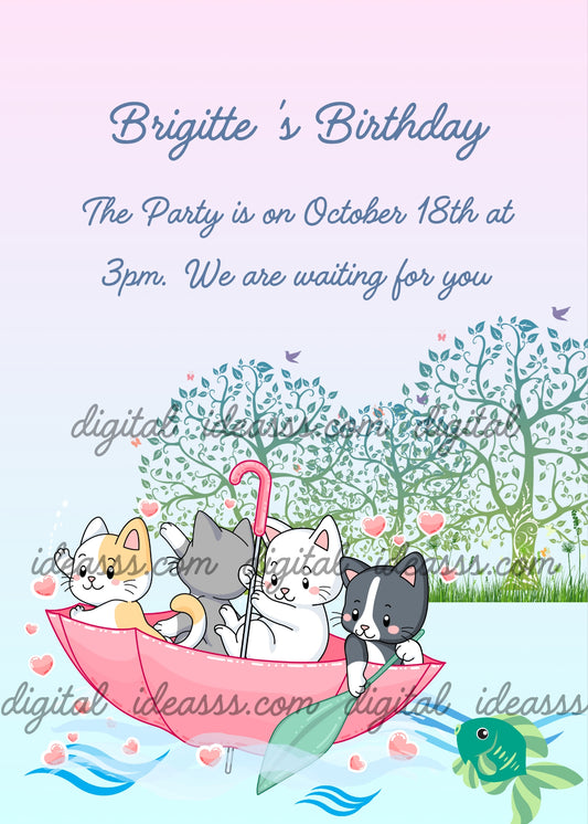 Kittens use an upside-down umbrella as a boat to travel up a river. Printable birthday card for kids 1-9.