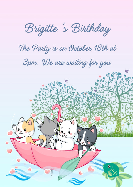 Kittens play a game: inside an umbrella, they sail in the waters of a river. Printable birthday card for kids 1-9.