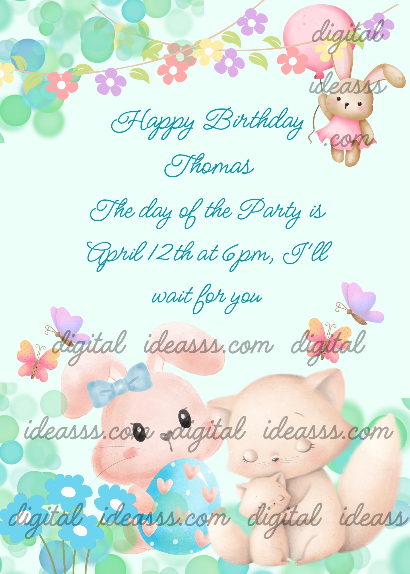 Mother cat with kitten and her bunny friend with an Easter egg, surrounded by flowers and butterflies. Printable birthday card for kids 1-9