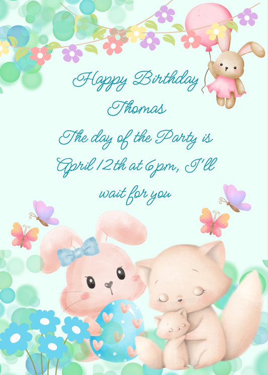 Mother cat with her kitten, next to her bunny friend with a decorated egg. Butterfies and bunny, with balloons in flight. Printable birthday Easter card for kids 1-9.