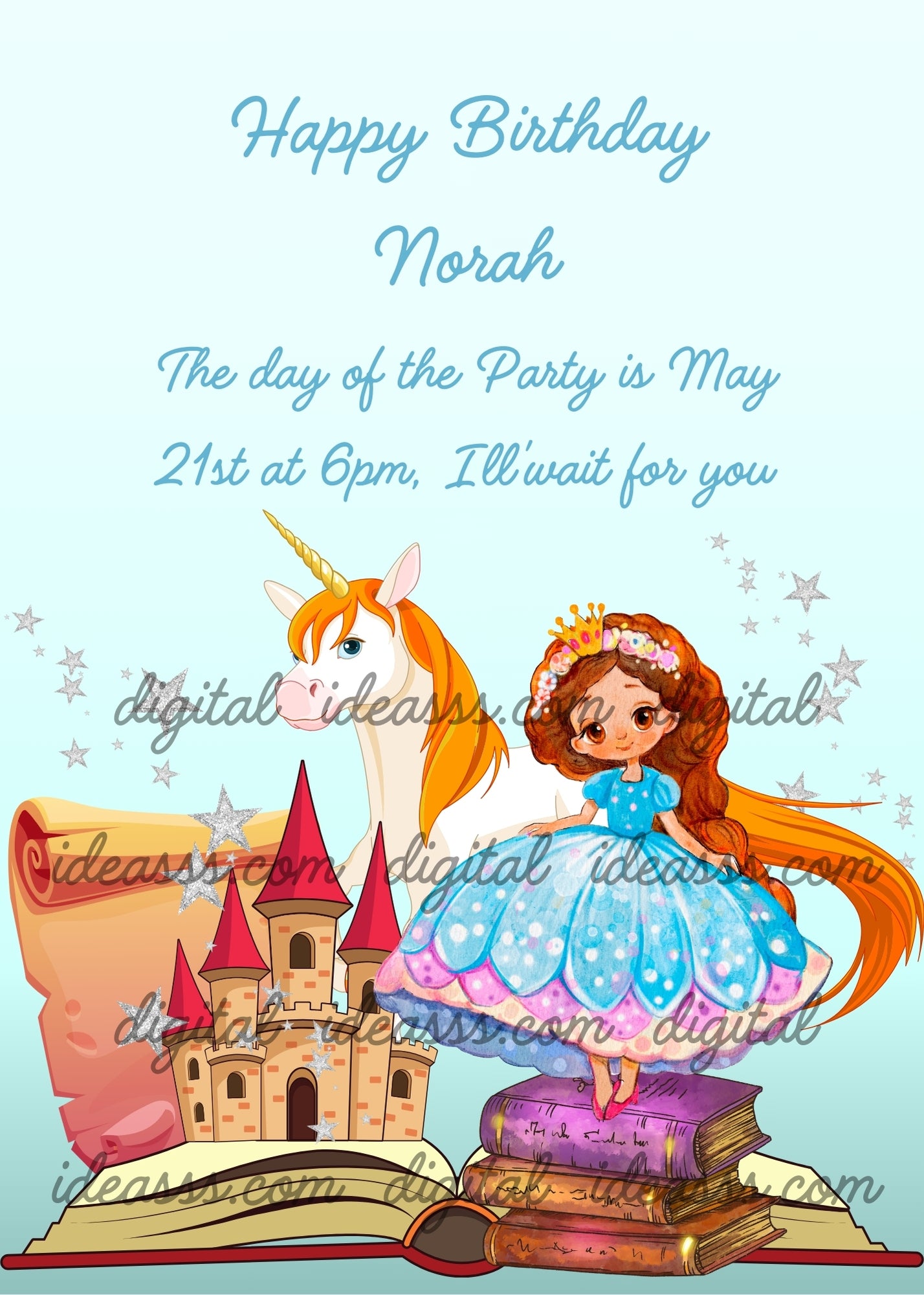 A open book with a castle and parchment; a princess in balancing on three books. In the background a unicorn and stars. Printable birthday card for girls 1-9.
